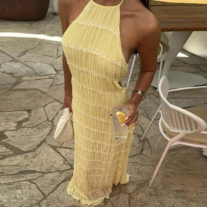 The Marisol Dress — Backless Halter Maxi in Floral