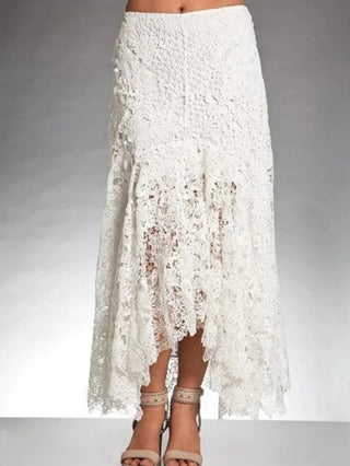 The Genevieve Skirt — Asymmetric Lace Maxi in Brown