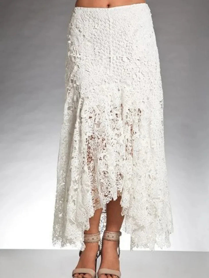 The Genevieve Skirt — Asymmetric Lace Maxi in Brown