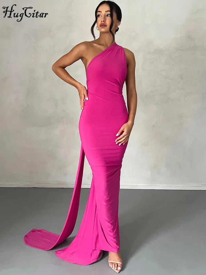 The Aveline Dress — One-Shoulder Ruffle Maxi in Rose Red
