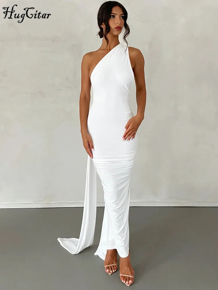 The Aveline Dress — One-Shoulder Ruffle Maxi in Rose Red