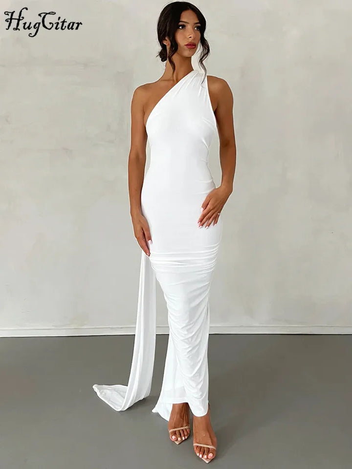 The Aveline Dress — One-Shoulder Ruffle Maxi in Rose Red