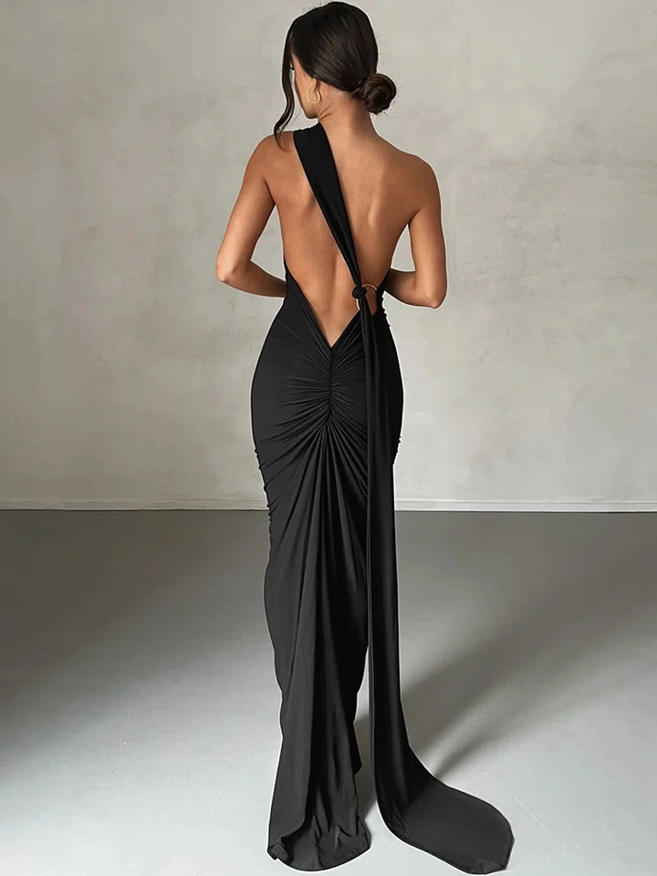 The Aveline Dress — One-Shoulder Ruffle Maxi in Rose Red