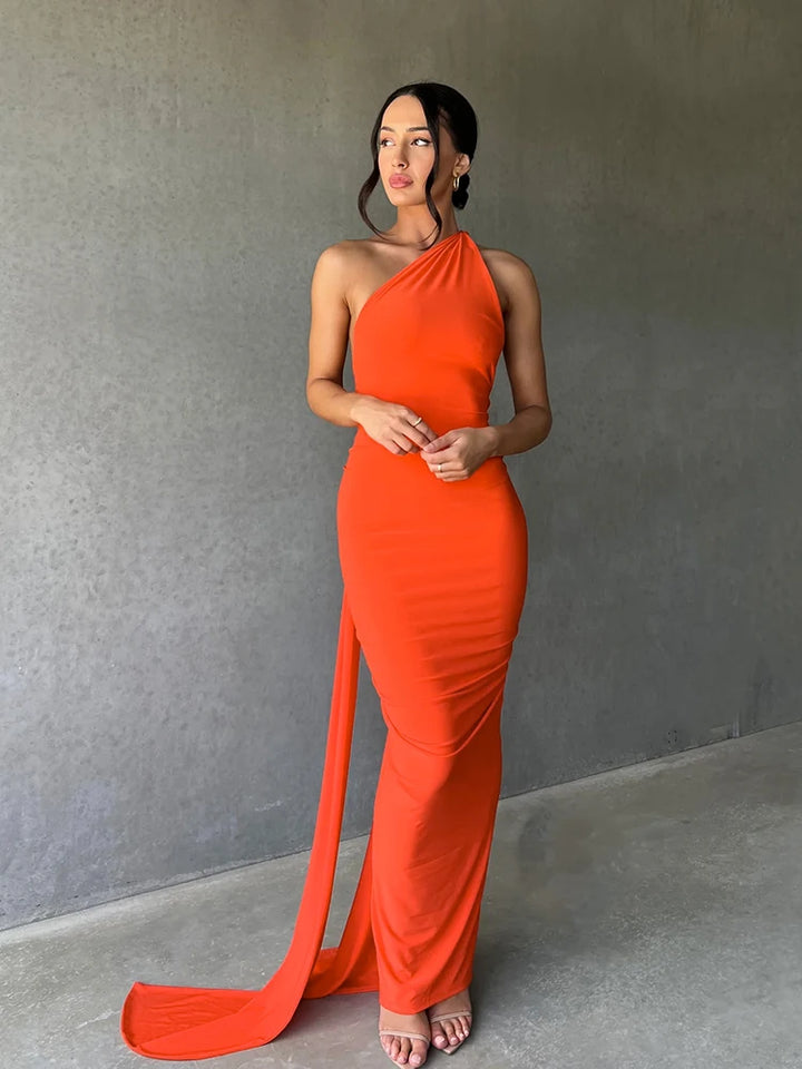 The Aveline Dress — One-Shoulder Ruffle Maxi in Rose Red