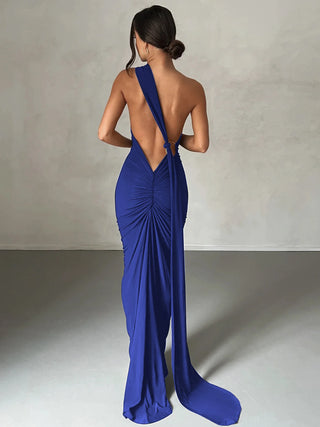 The Aveline Dress — One-Shoulder Ruffle Maxi in Rose Red