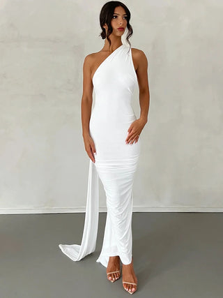 The Aveline Dress — One-Shoulder Ruffle Maxi in Rose Red
