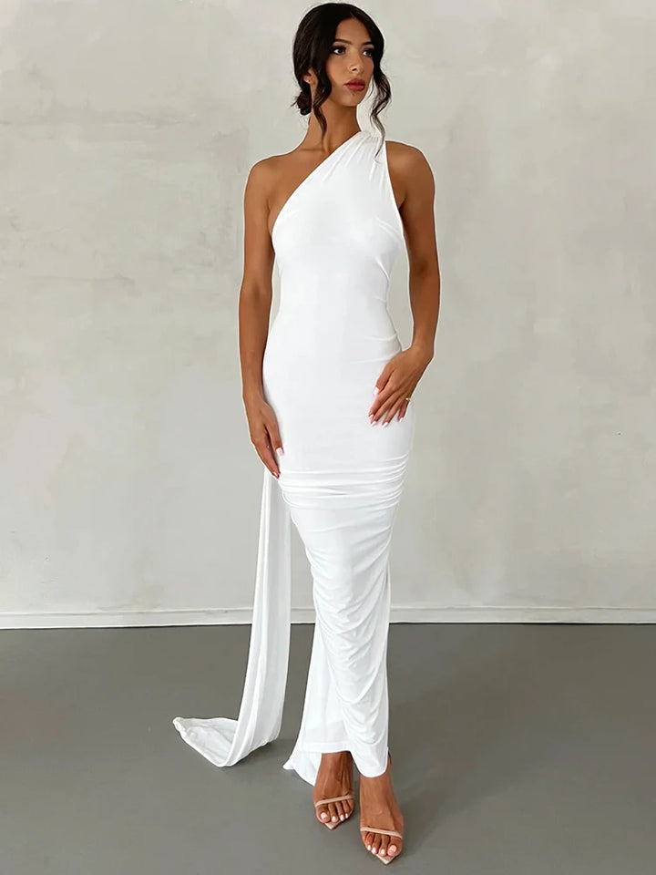 The Aveline Dress — One-Shoulder Ruffle Maxi in Rose Red