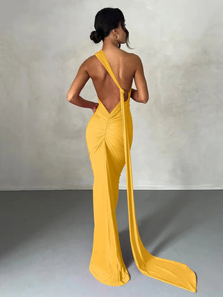 The Aveline Dress — One-Shoulder Ruffle Maxi in Rose Red