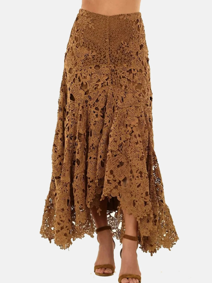 The Genevieve Skirt — Asymmetric Lace Maxi in Brown