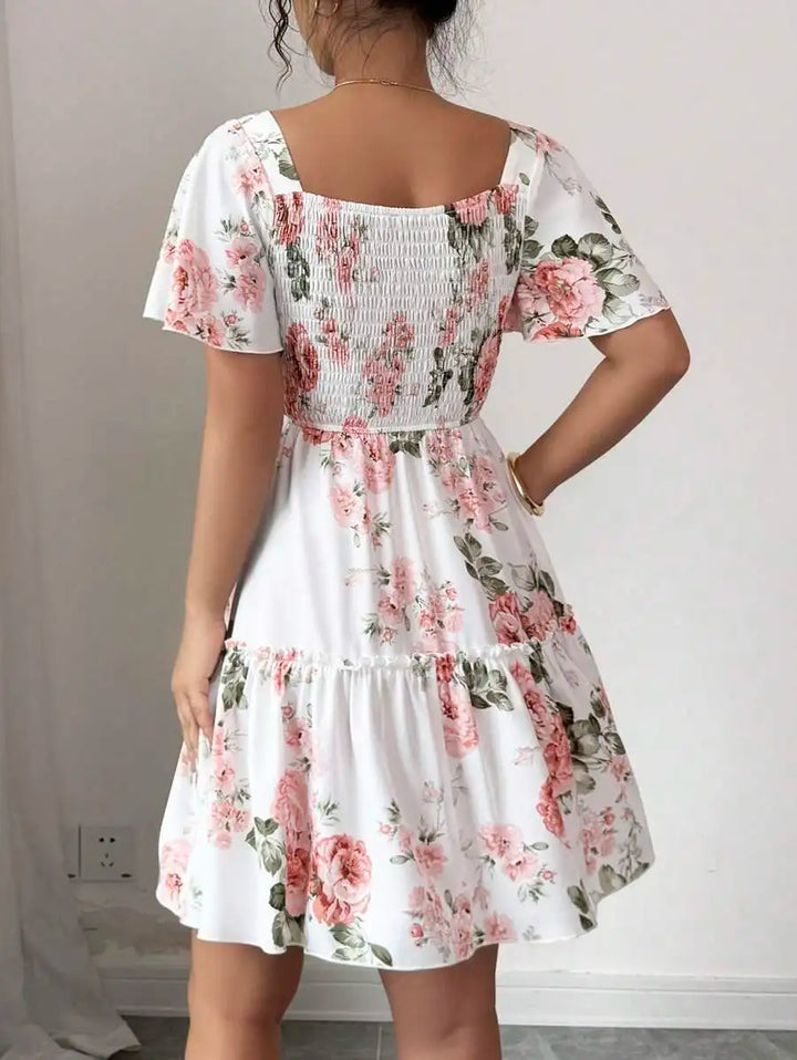 The Marielle Dress — Floral Silhouette Mini in White