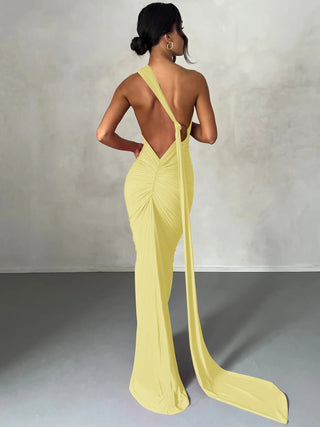 The Aveline Dress — One-Shoulder Ruffle Maxi in Rose Red
