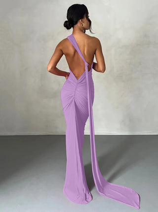 The Aveline Dress — One-Shoulder Ruffle Maxi in Rose Red
