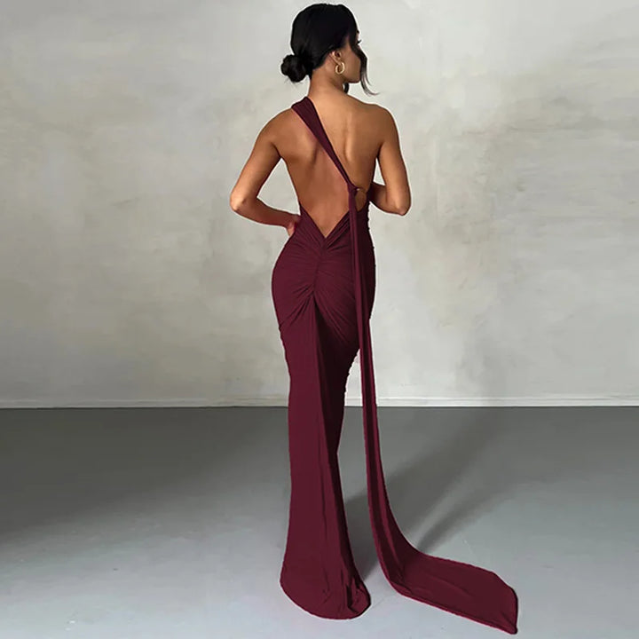 The Aveline Dress — One-Shoulder Ruffle Maxi in Rose Red