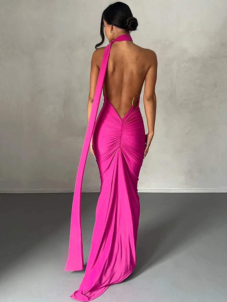 The Aveline Dress — One-Shoulder Ruffle Maxi in Rose Red