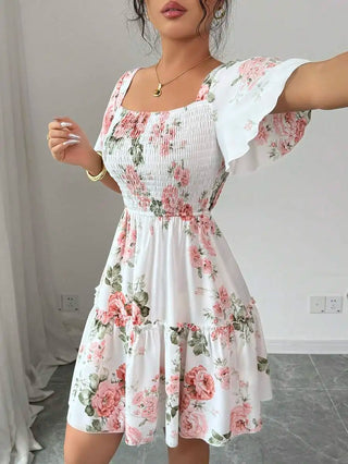 The Marielle Dress — Floral Silhouette Mini in White