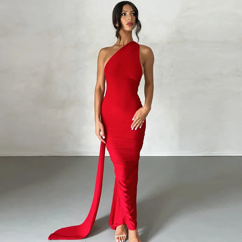 The Aveline Dress — One-Shoulder Ruffle Maxi in Rose Red