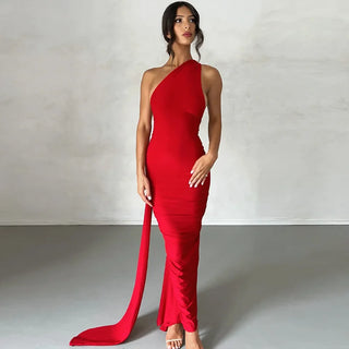 The Aveline Dress — One-Shoulder Ruffle Maxi in Rose Red