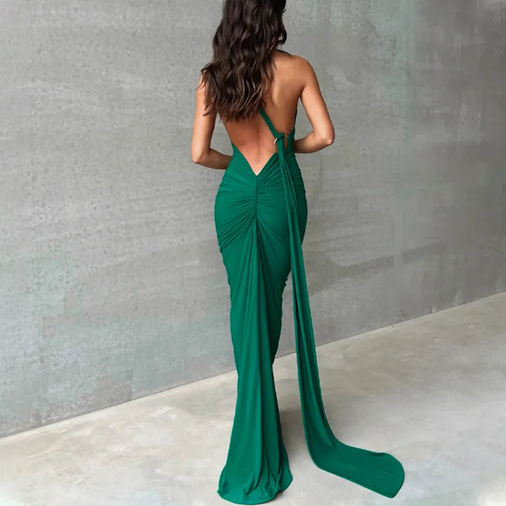 The Aveline Dress — One-Shoulder Ruffle Maxi in Rose Red