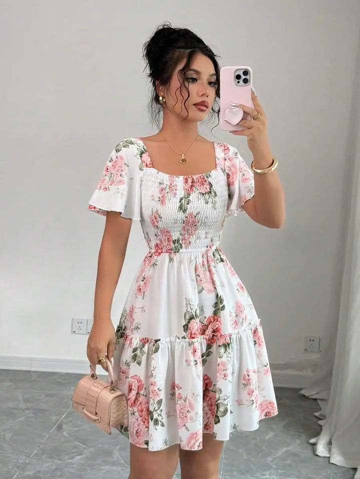The Marielle Dress — Floral Silhouette Mini in White