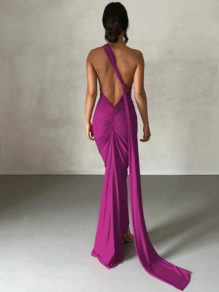 The Aveline Dress — One-Shoulder Ruffle Maxi in Rose Red