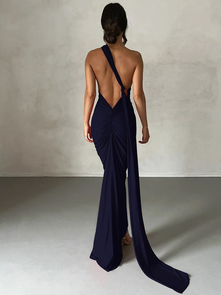The Aveline Dress — One-Shoulder Ruffle Maxi in Rose Red