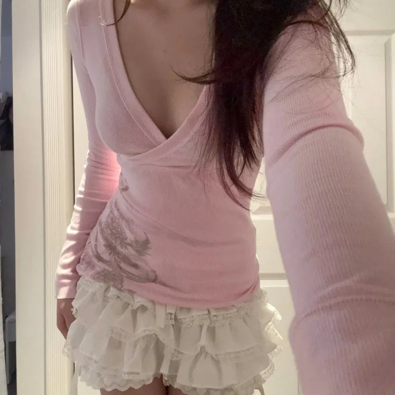 The Colette Top — Coquette Floral V-Neck in Pink