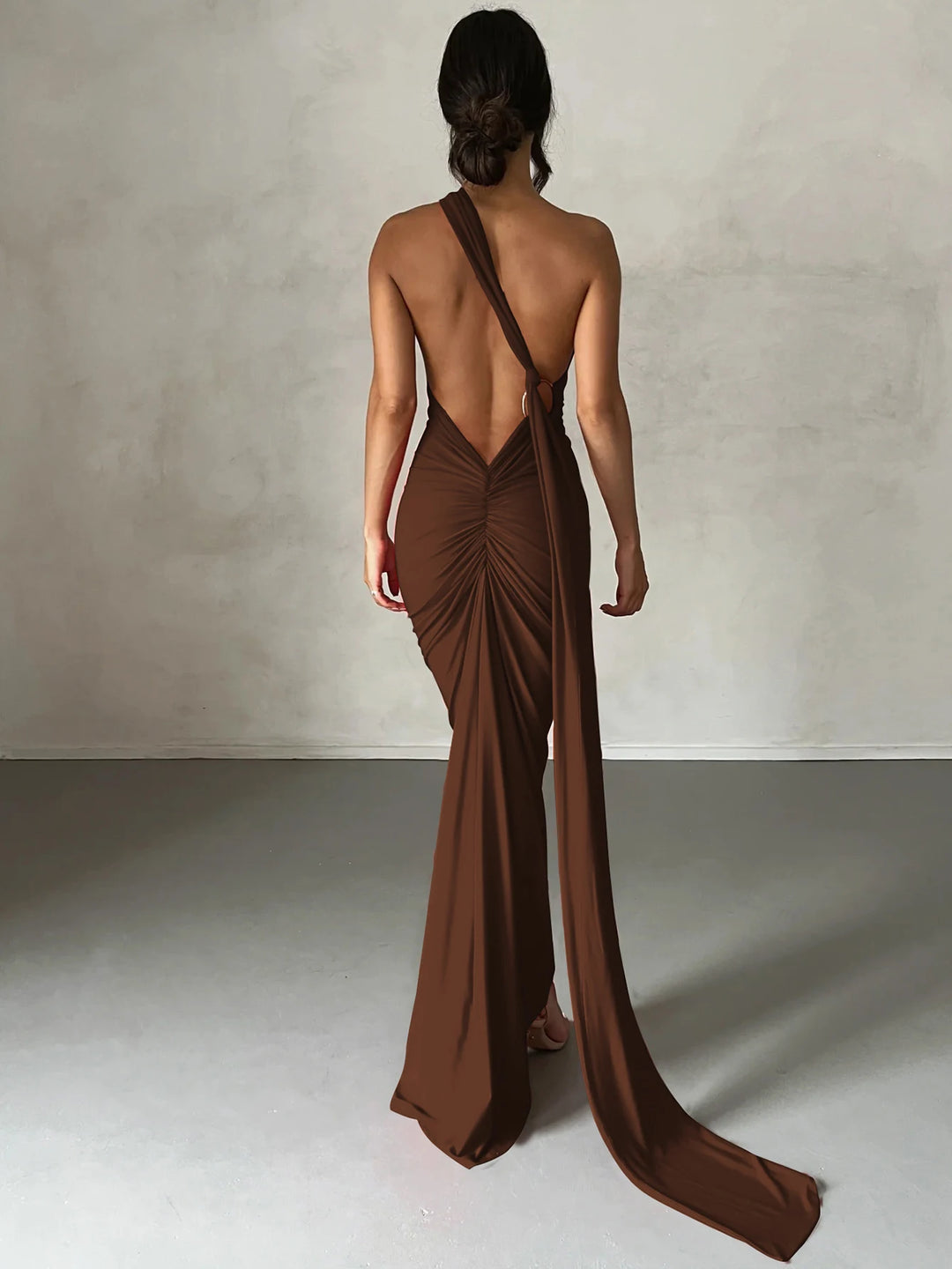 The Aveline Dress — One-Shoulder Ruffle Maxi in Rose Red
