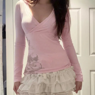 The Colette Top — Coquette Floral V-Neck in Pink